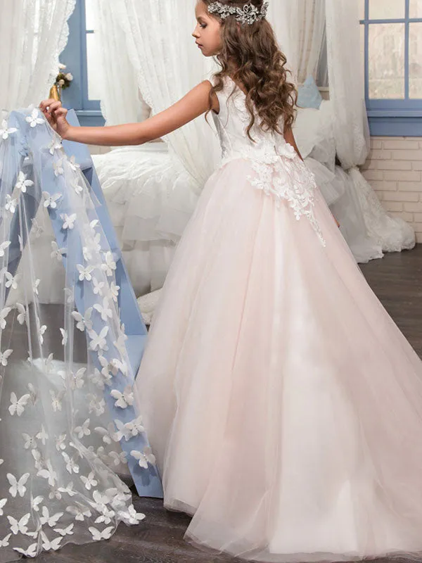 Jewel Neck Sleeveless Applique Detachable Tulle Warp Formal Kids Pageant flower girl dresses