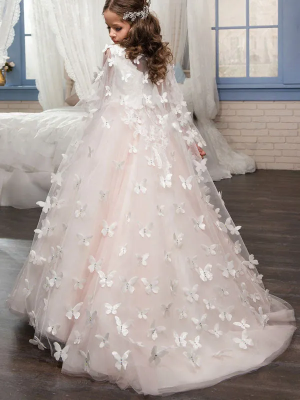 Jewel Neck Sleeveless Applique Detachable Tulle Warp Formal Kids Pageant flower girl dresses