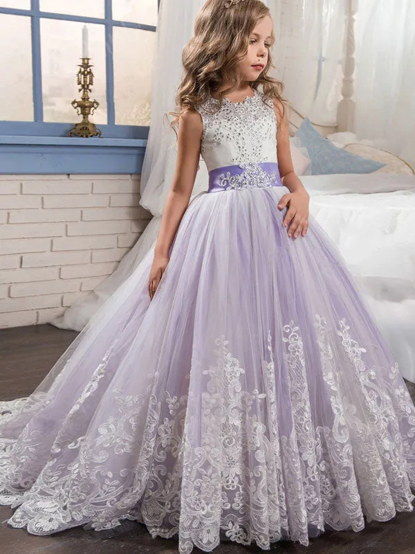 Jewel Neck Sleeveless Studded Formal flower girl dress