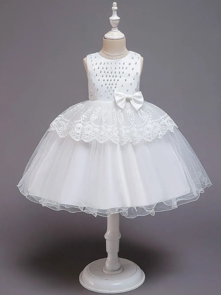 Jewel Neck Tulle Sleeveless Short Princess Bows Formal Kids Pageant flower girl dresses