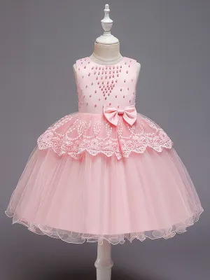 Jewel Neck Tulle Sleeveless Short Princess Bows Formal Kids Pageant flower girl dresses