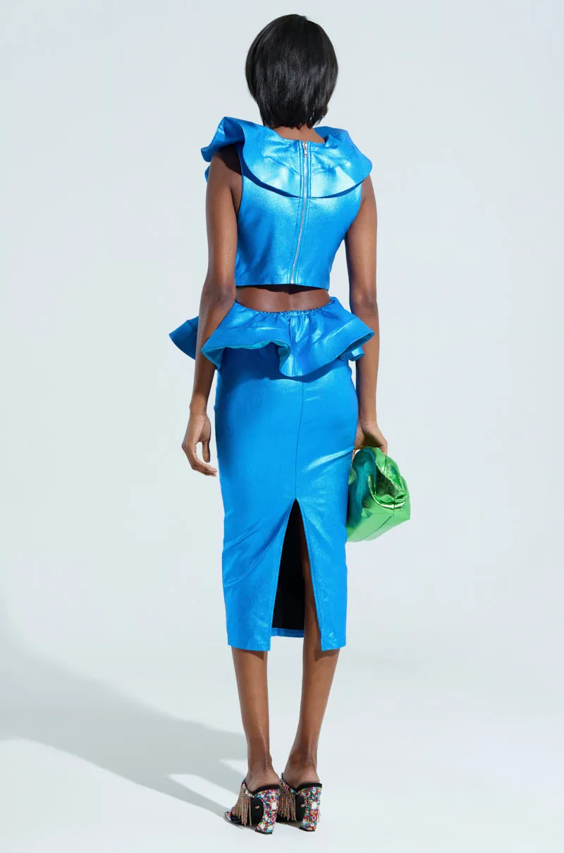 JULIANA METALLIC PEPLUM MIDI DRESS IN BLUE