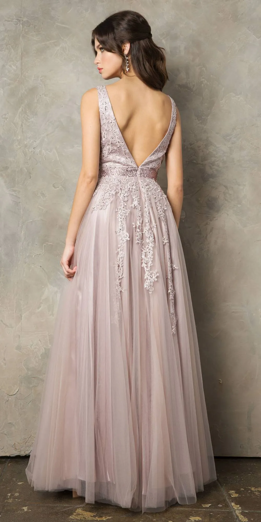 Juno 950 Appliqued V-Neck and Back Long Dress