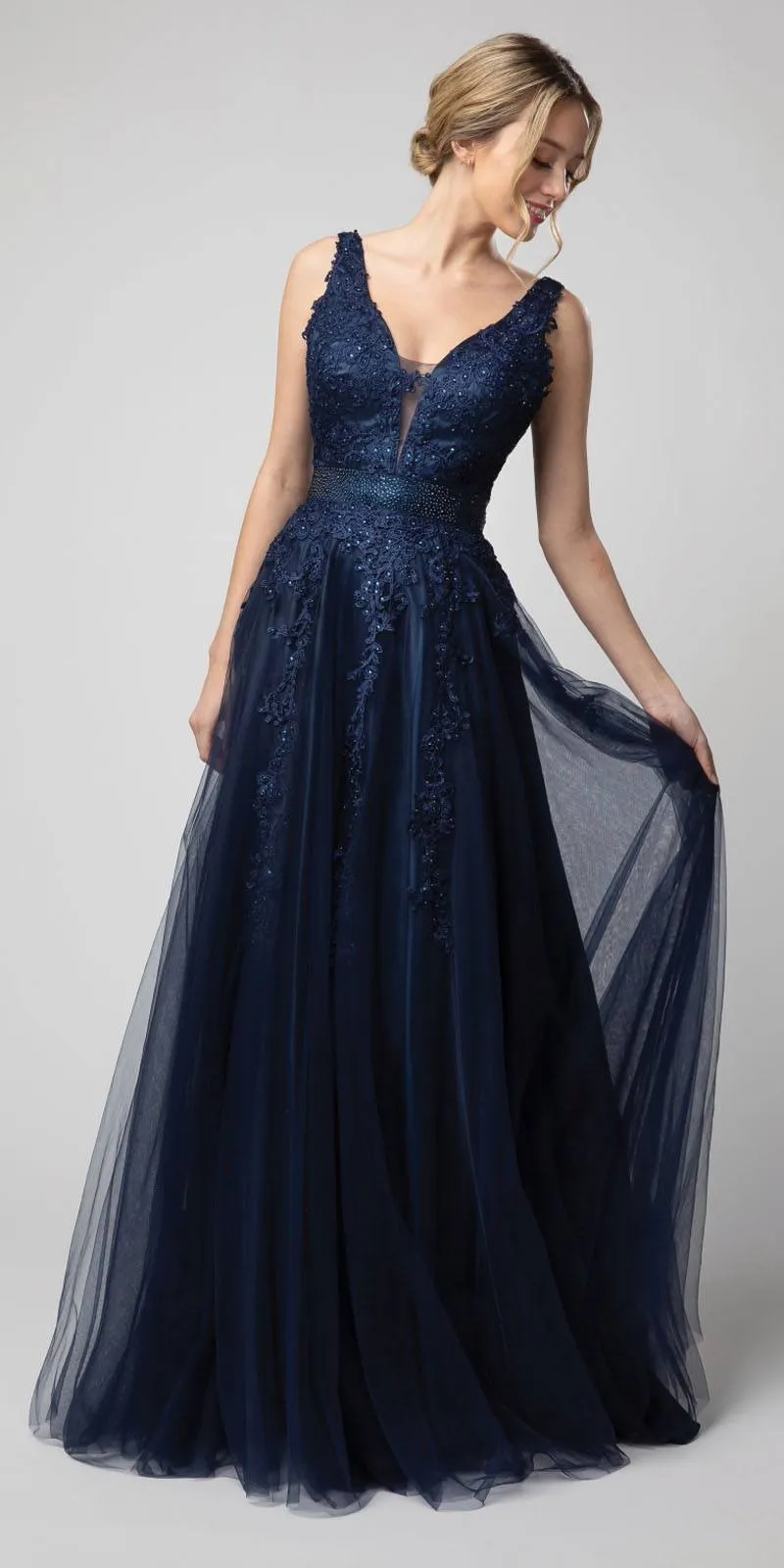 Juno 950 Appliqued V-Neck and Back Long Dress