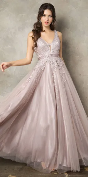 Juno 950 Appliqued V-Neck and Back Long Dress
