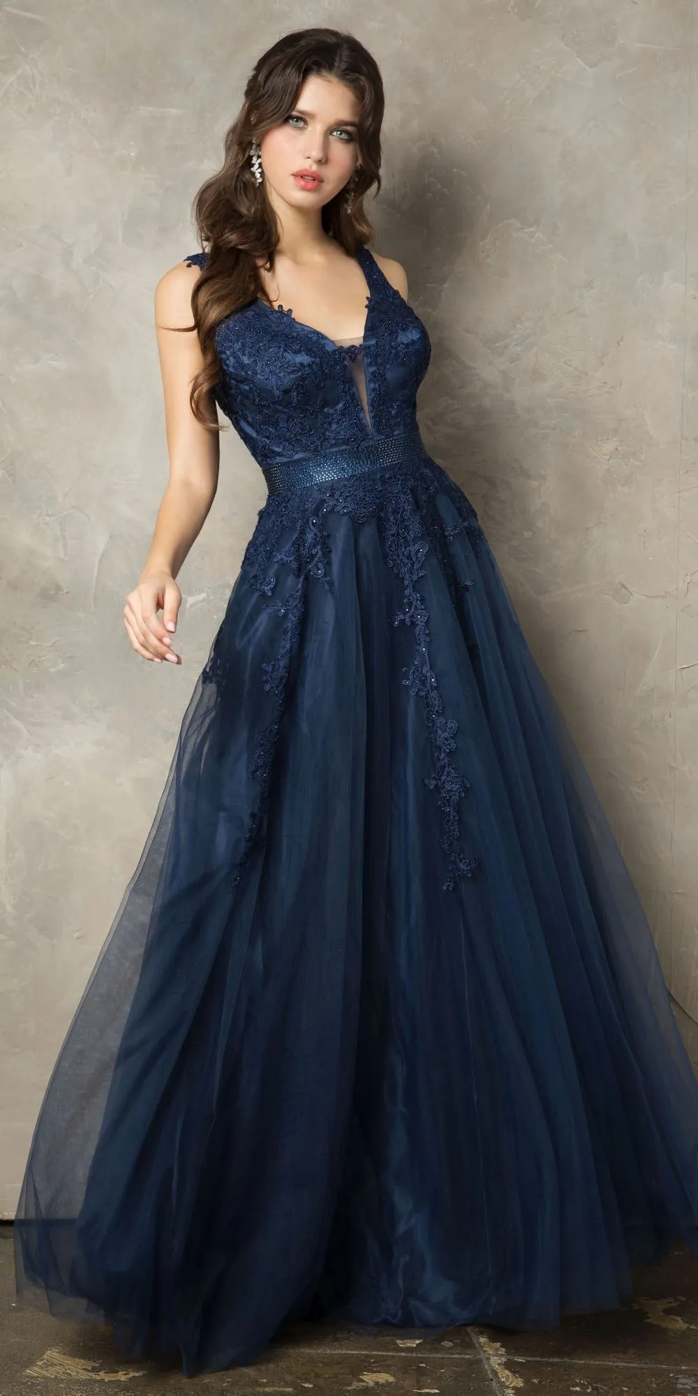 Juno 950 Appliqued V-Neck and Back Long Dress