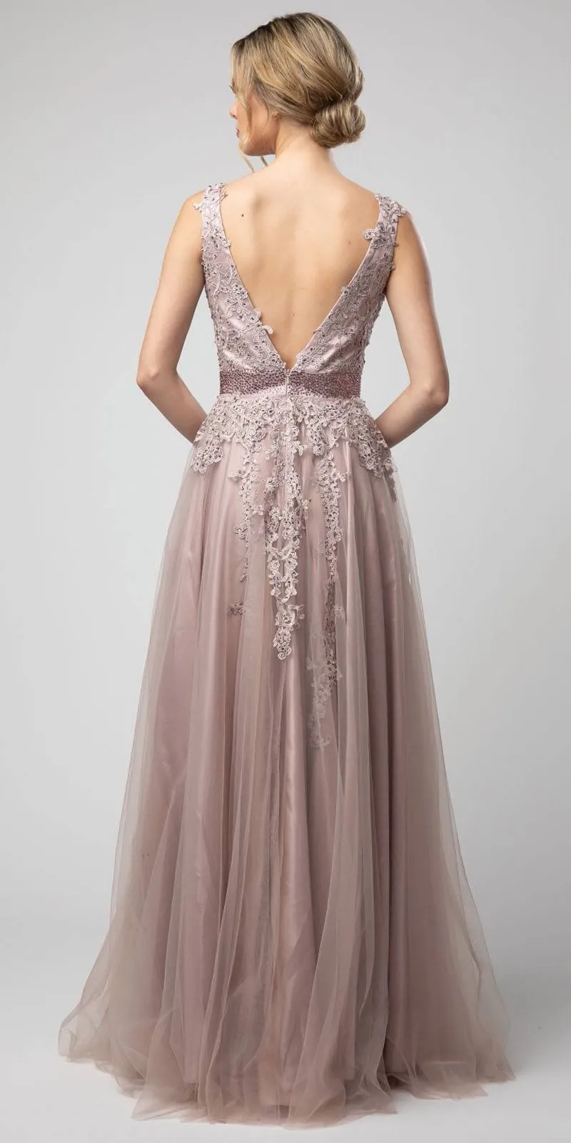 Juno 950 Appliqued V-Neck and Back Long Dress