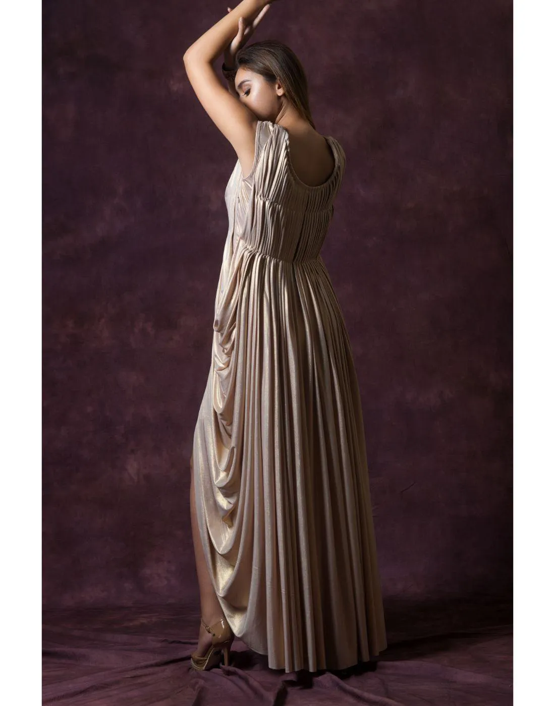 KAIRA's Nude Color Cowl Short Drape Gowns for Rent