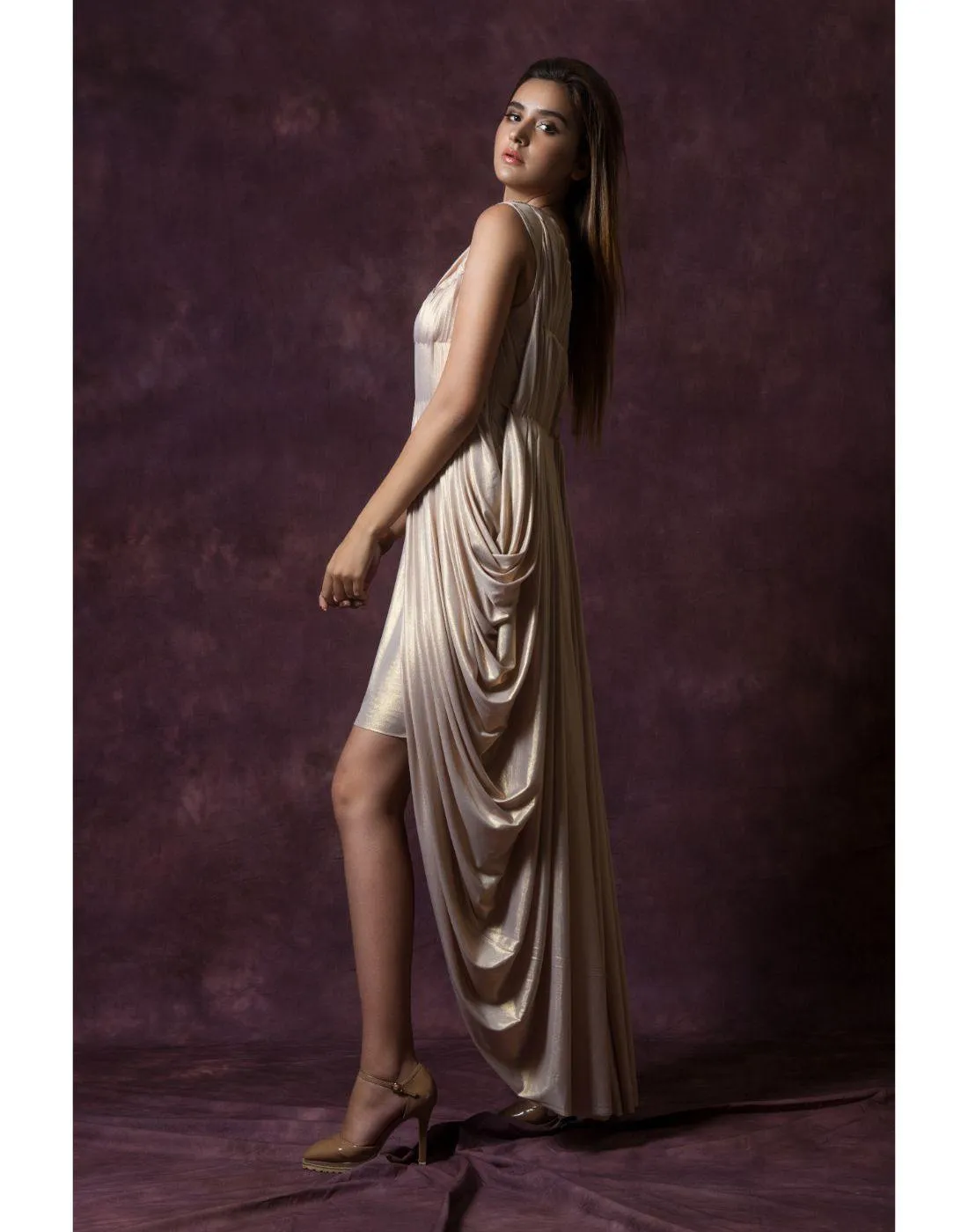 KAIRA's Nude Color Cowl Short Drape Gowns for Rent