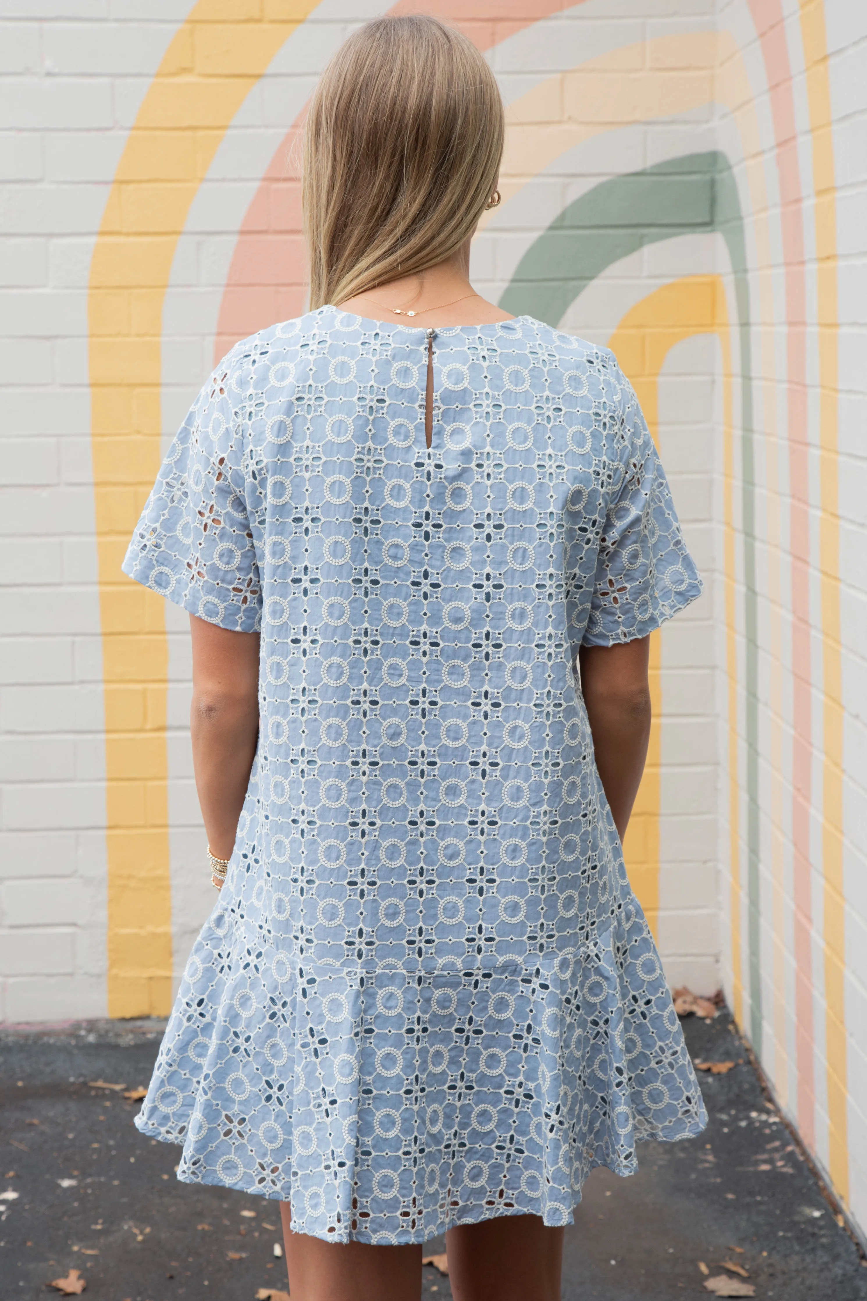 Kaylani Peplum Hem Embroidered Dress, Blue