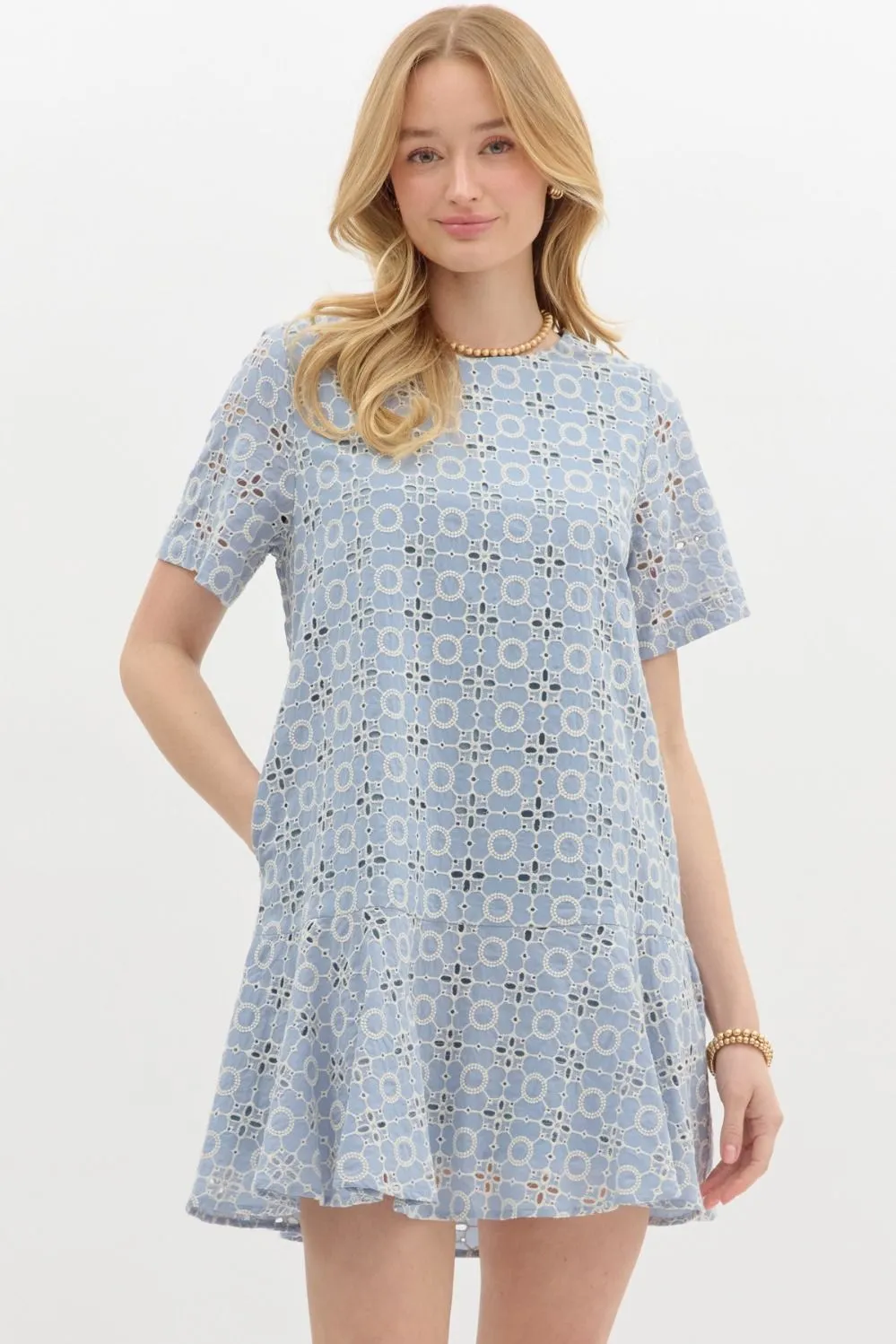Kaylani Peplum Hem Embroidered Dress, Blue