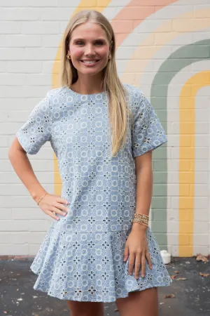 Kaylani Peplum Hem Embroidered Dress, Blue