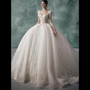 Keyhole Back Ball Gown Square Neck Wedding Dresses with Long Sleeve