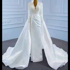 Keyhole Back Modest V-neck Pearl Satin Wedding Dress with Leg Slit