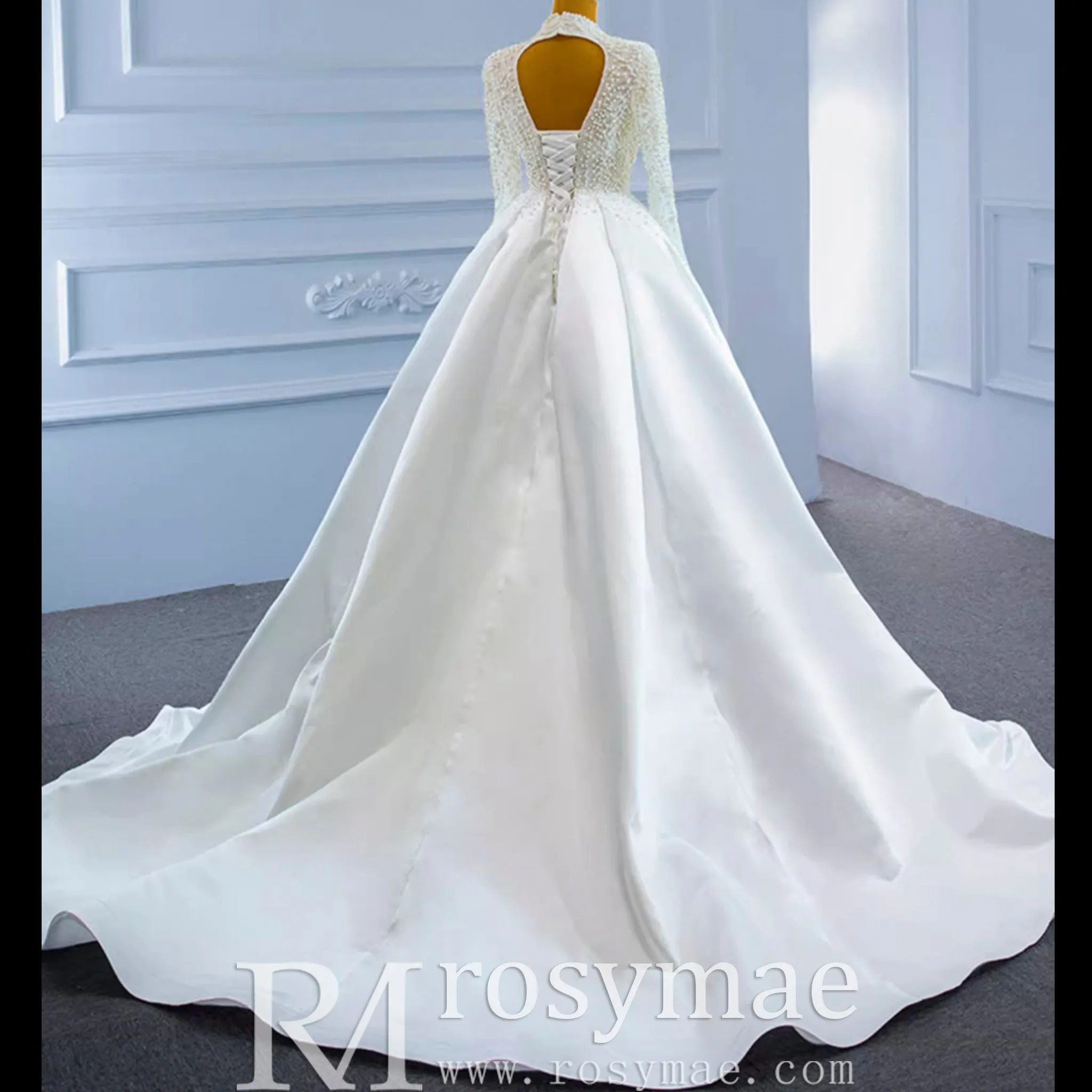 Keyhole Back Modest V-neck Pearl Satin Wedding Dress with Leg Slit