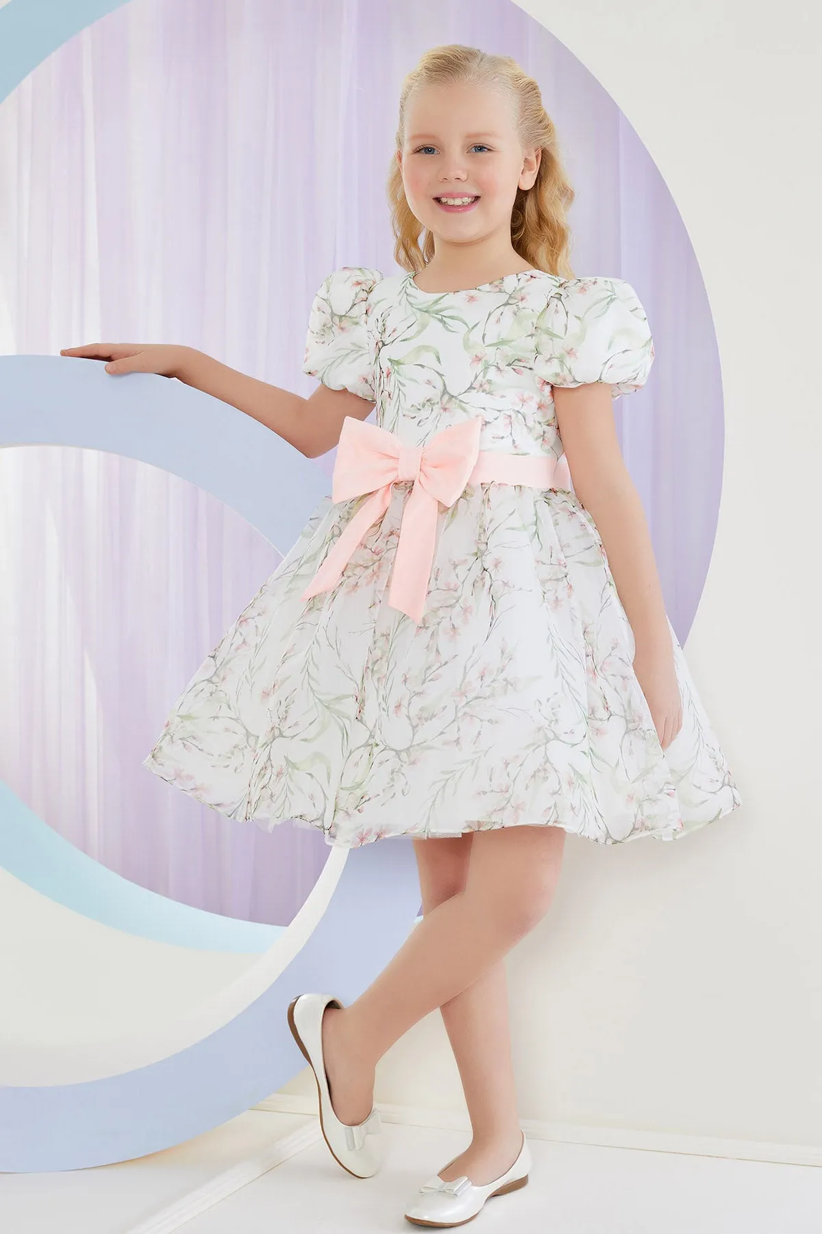 Kids Floral Spring-Summer Dress with a Pink Bow