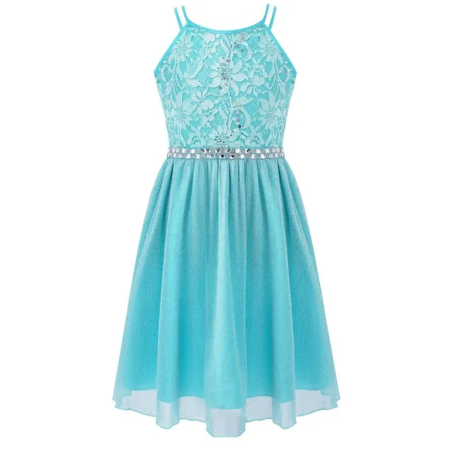 Kids Girls Sleeveless Sequined Floral Lace Shiny Princess Tulle Dress for Birthday Party Summer Prom Clothes