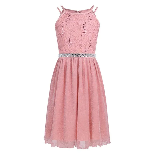 Kids Girls Sleeveless Sequined Floral Lace Shiny Princess Tulle Dress for Birthday Party Summer Prom Clothes