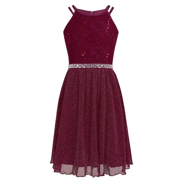 Kids Girls Sleeveless Sequined Floral Lace Shiny Princess Tulle Dress for Birthday Party Summer Prom Clothes