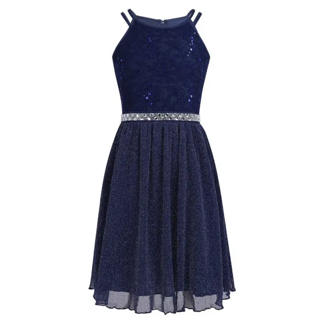 Kids Girls Sleeveless Sequined Floral Lace Shiny Princess Tulle Dress for Birthday Party Summer Prom Clothes