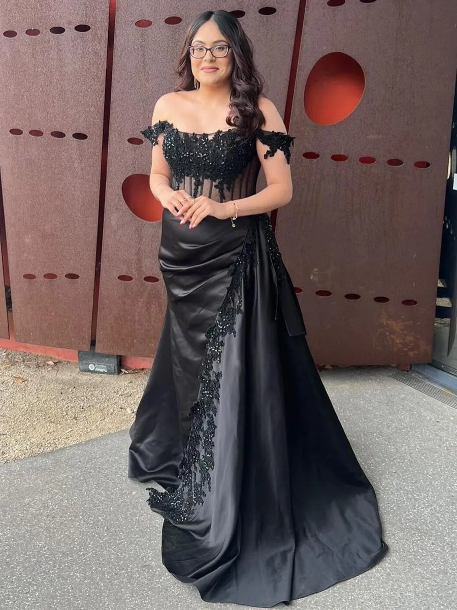 Korla | Off the Shoulder Satin Beaded Prom Dress With Appliques