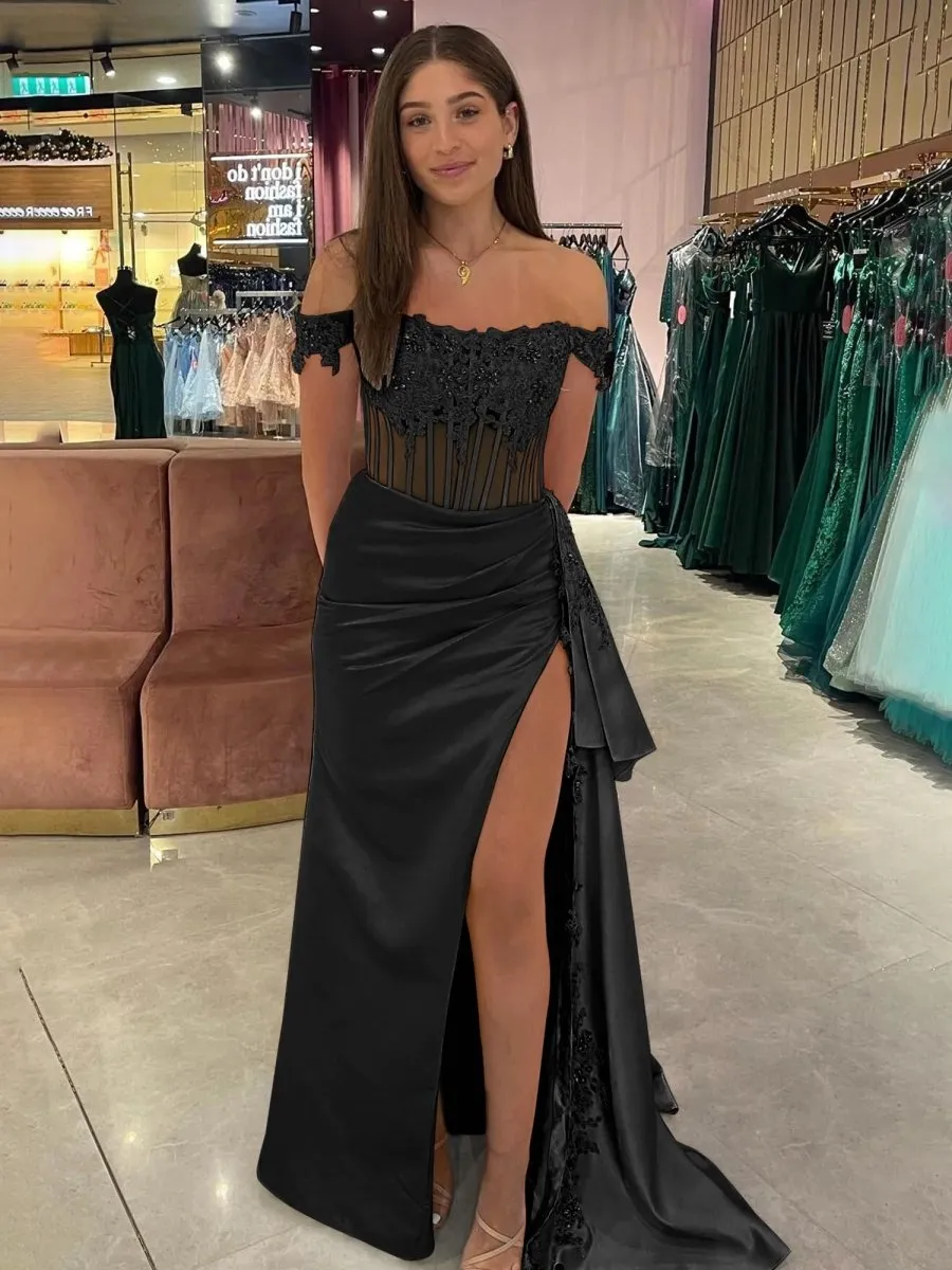 Korla | Off the Shoulder Satin Beaded Prom Dress With Appliques