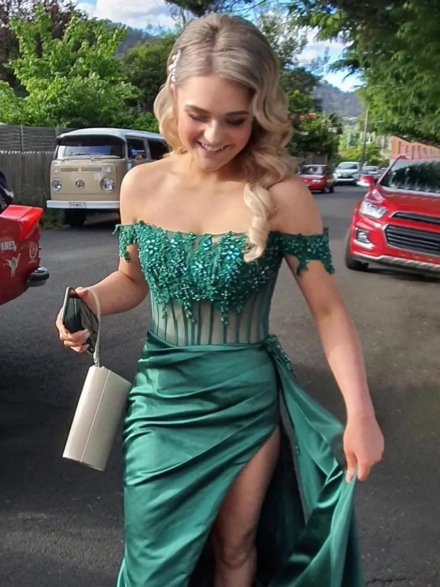 Korla | Off the Shoulder Satin Beaded Prom Dress With Appliques