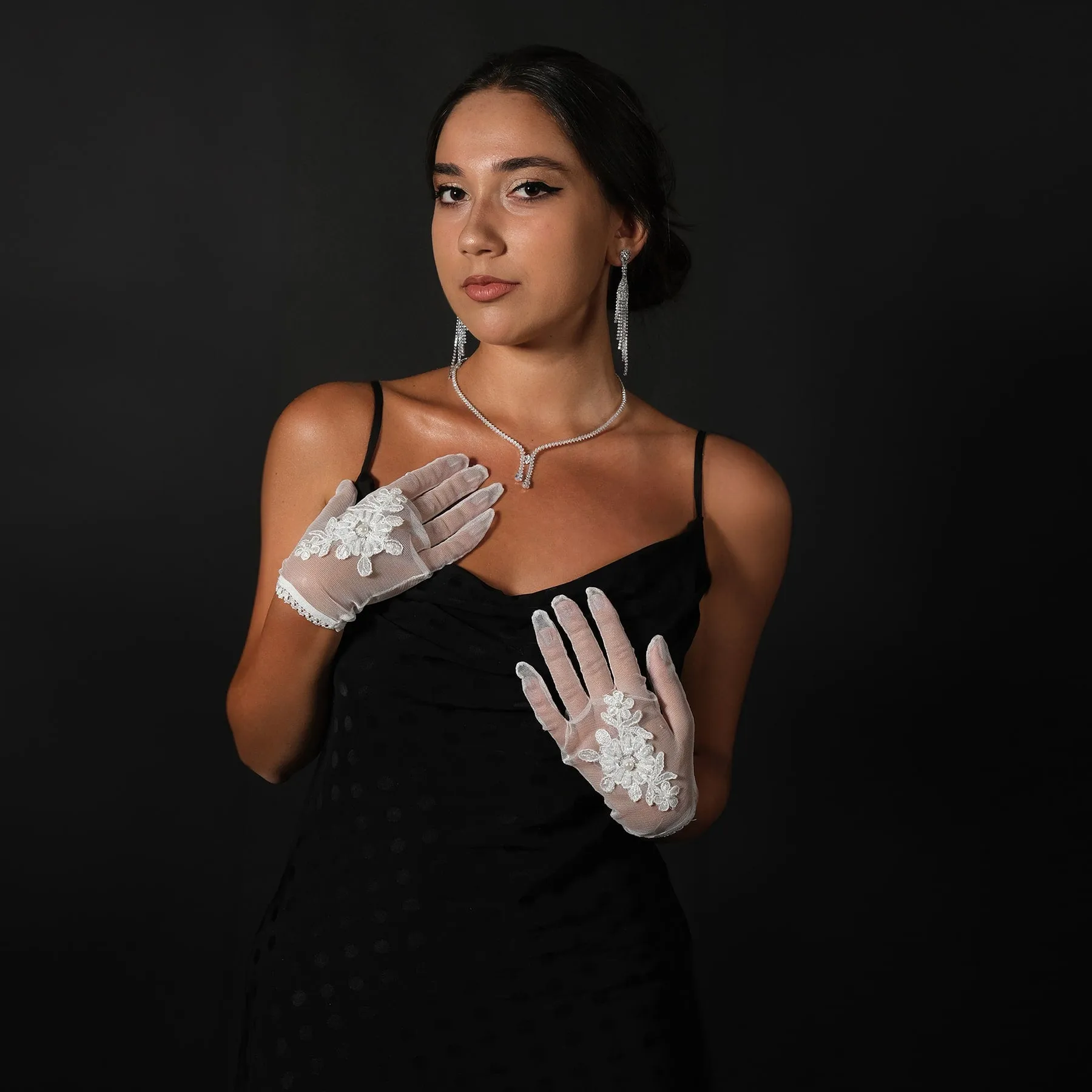 Lace Beaded Detailed Bridal Gloves Bridal Costume Gloves Tulle Wedding Gloves