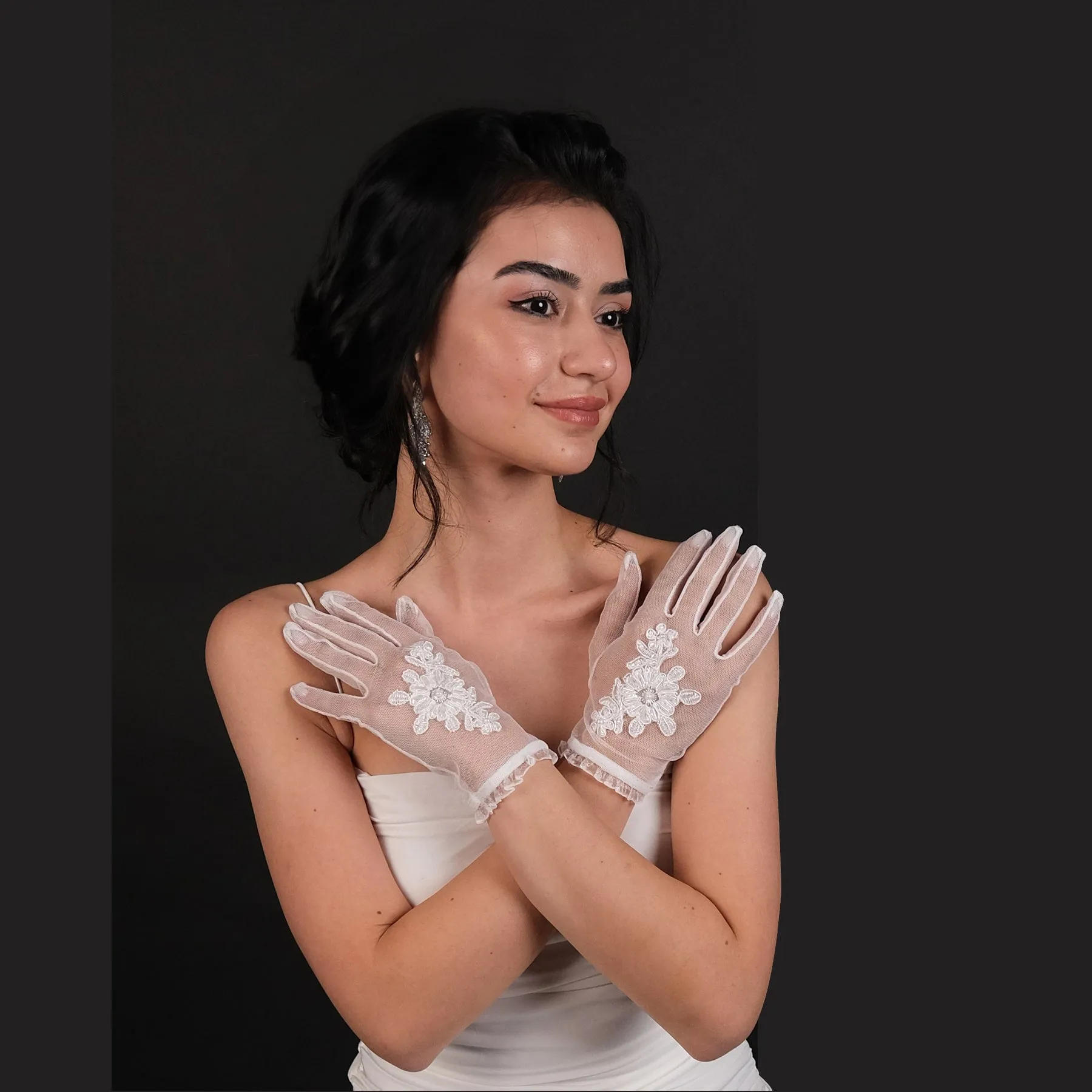 Lace Beaded Detailed Bridal Gloves Bridal Costume Gloves Tulle Wedding Gloves