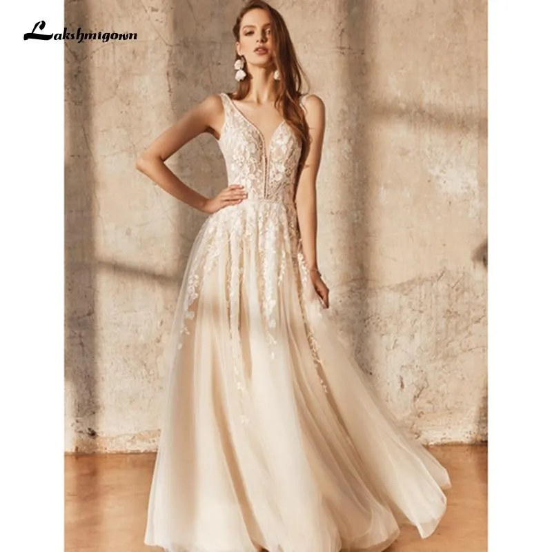 Lace Champagne Bridal Dress Wedding Gowns Off the Shoulder