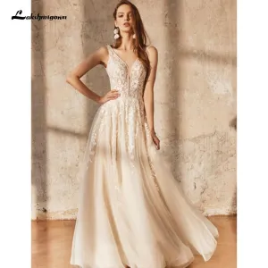 Lace Champagne Bridal Dress Wedding Gowns Off the Shoulder