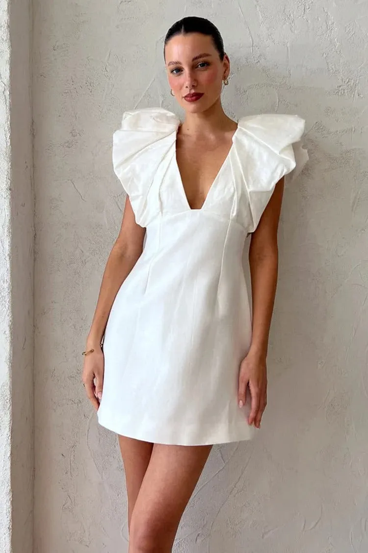 Lace Ruffled Trim Long Sleeve A-Line Midi Dresses-White