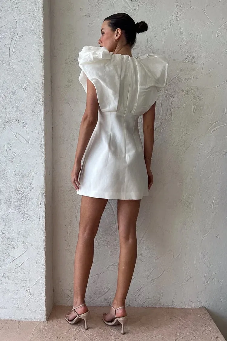 Lace Ruffled Trim Long Sleeve A-Line Midi Dresses-White
