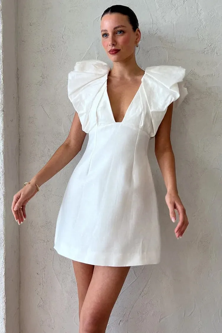 Lace Ruffled Trim Long Sleeve A-Line Midi Dresses-White