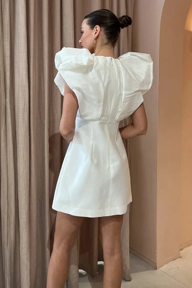 Lace Ruffled Trim Long Sleeve A-Line Midi Dresses-White