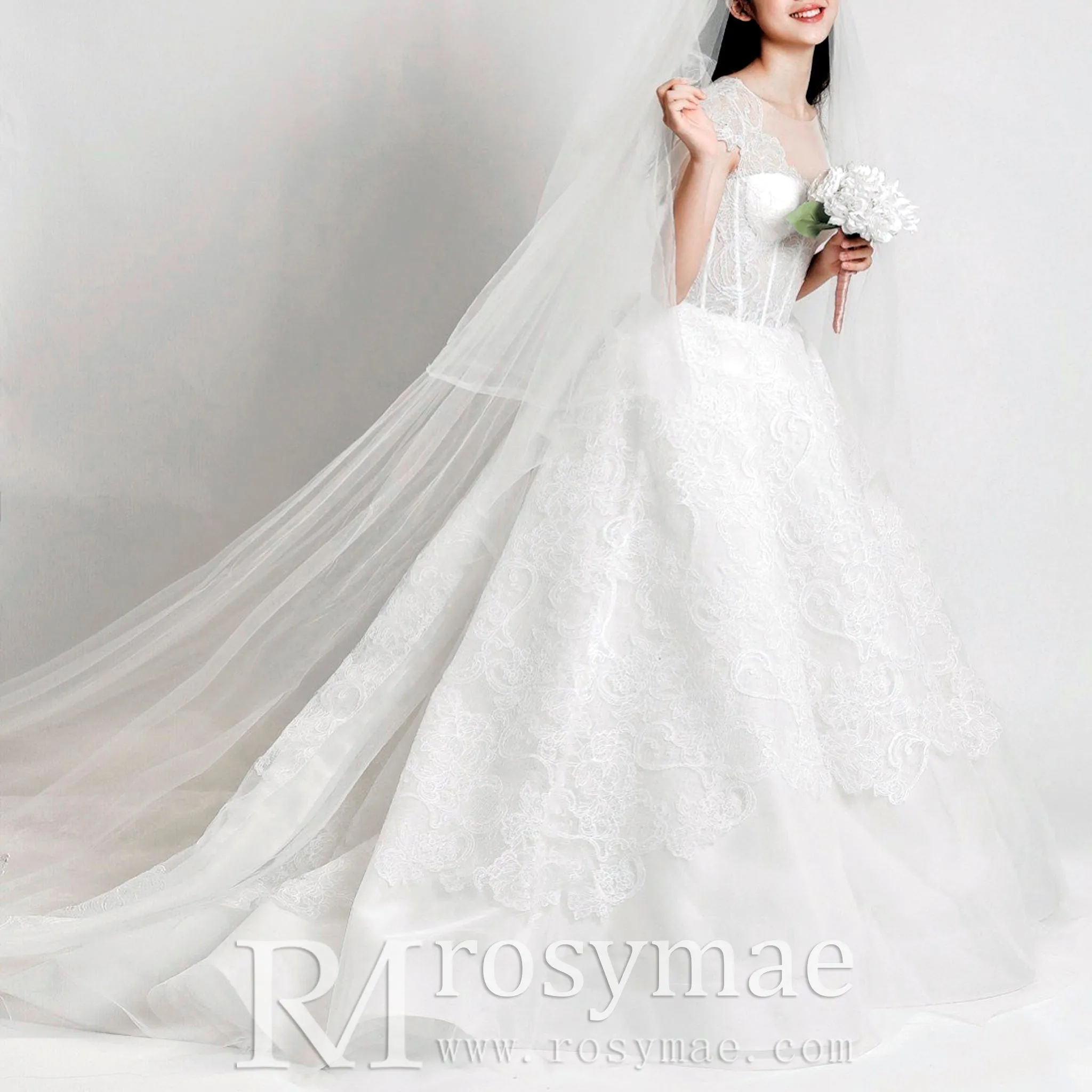 Lace Vintage Cap Sleeve Wedding Dress with Sheer Bodice