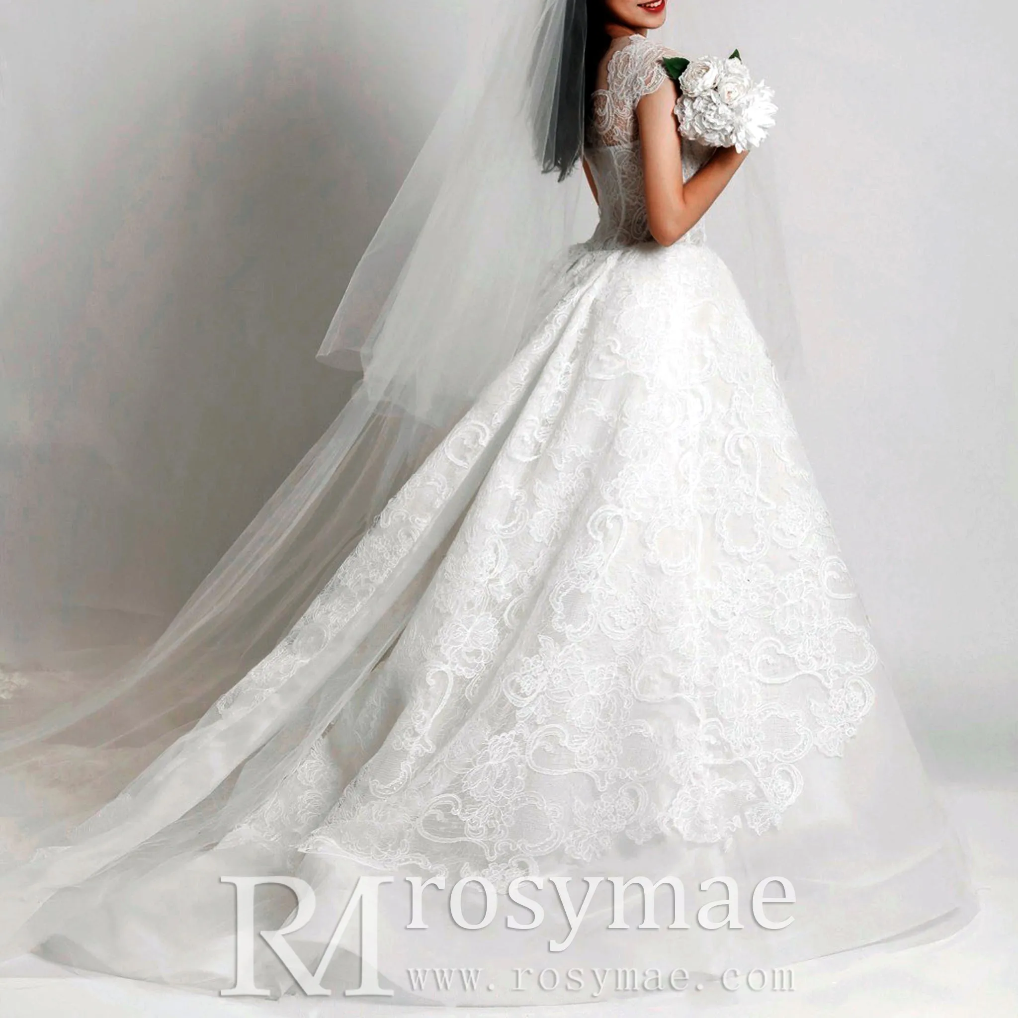 Lace Vintage Cap Sleeve Wedding Dress with Sheer Bodice