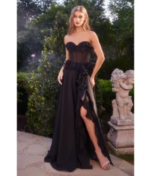 Ladivine By Cinderella Divine Black Strapless Chiffon Ruffled Slit Prom Dress