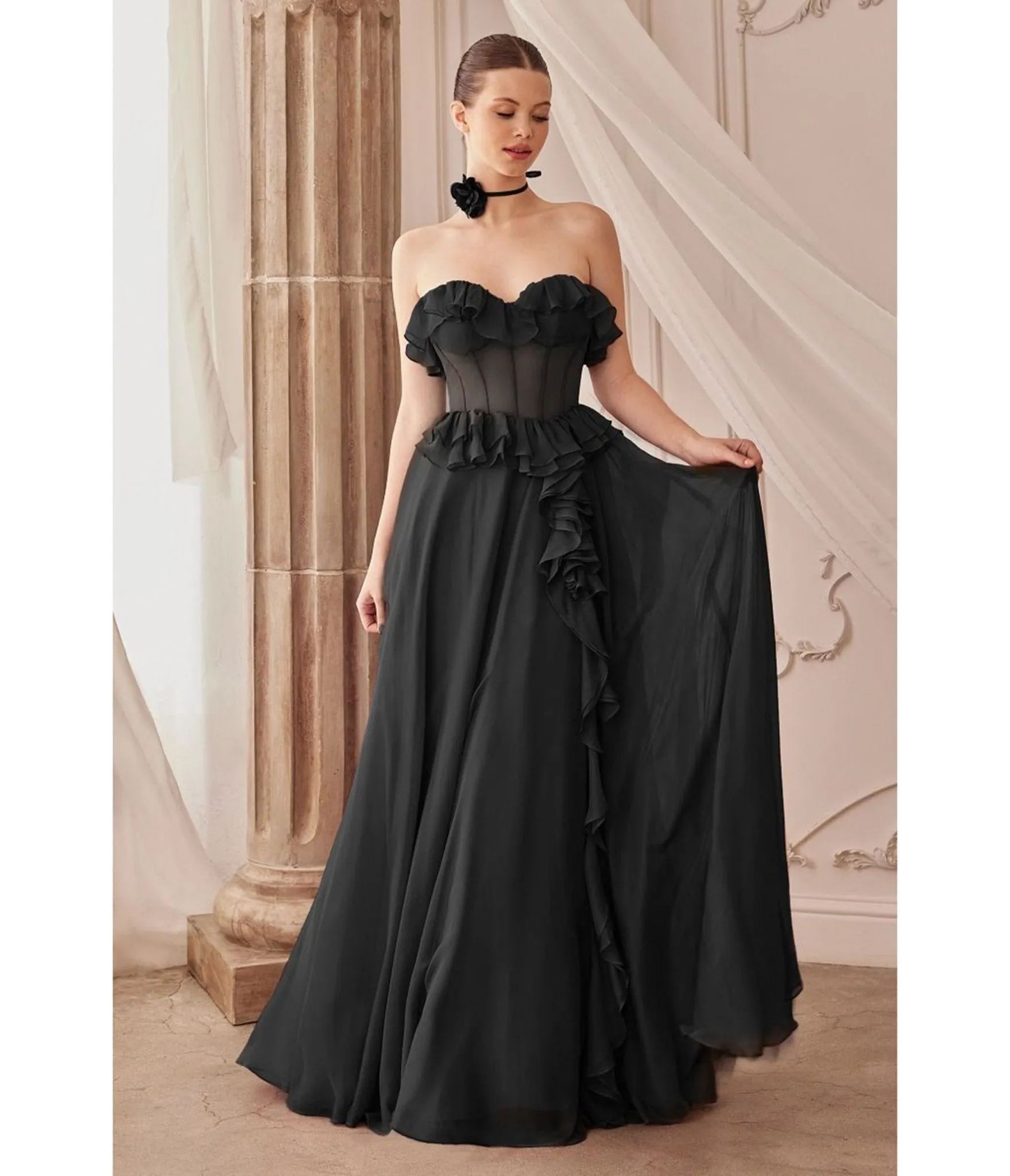 Ladivine By Cinderella Divine Black Strapless Chiffon Ruffled Slit Prom Dress
