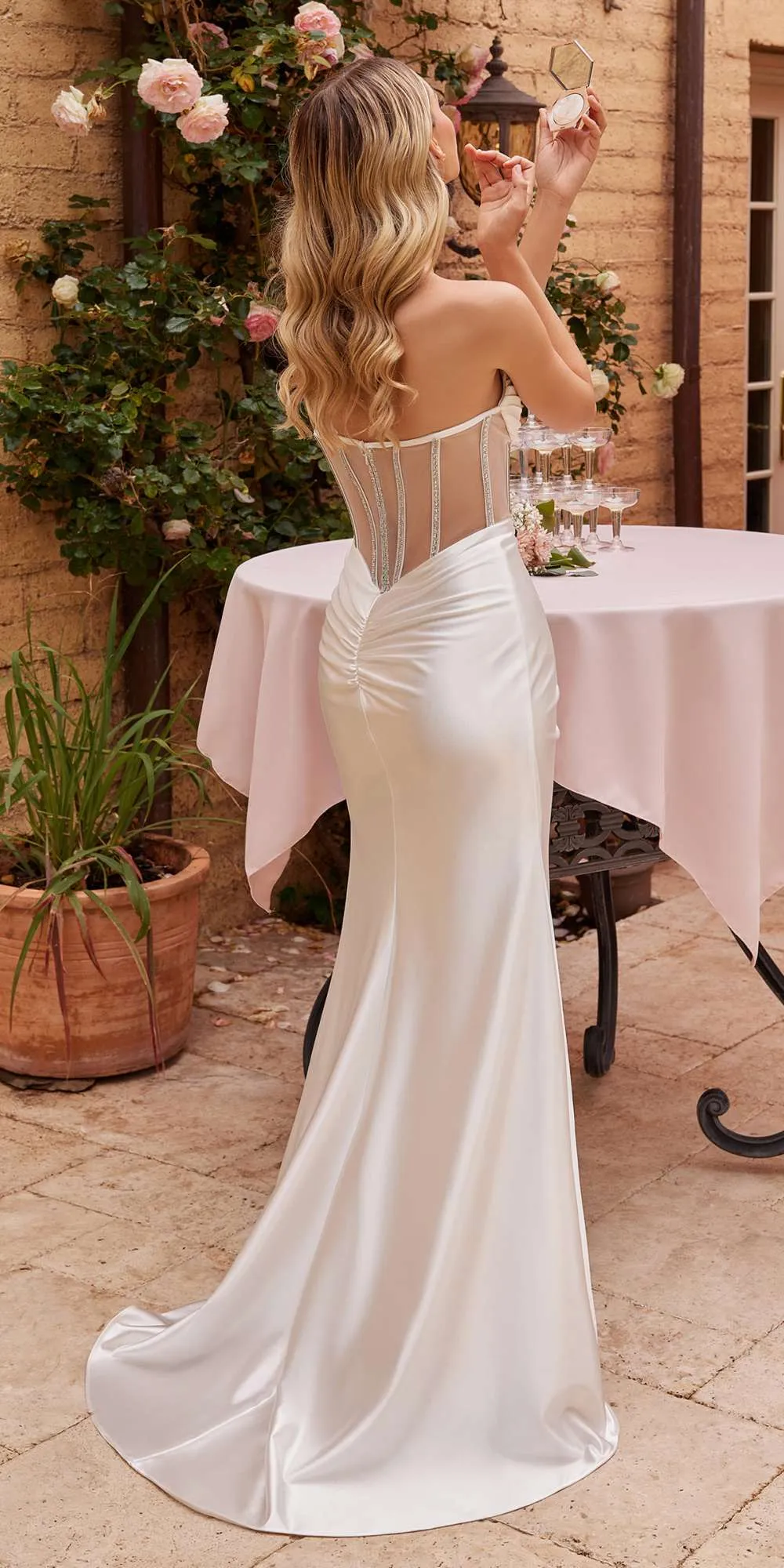 Ladivine CDS423W Floor Length Luxurious Satin Strapless Sheer Boned Gown