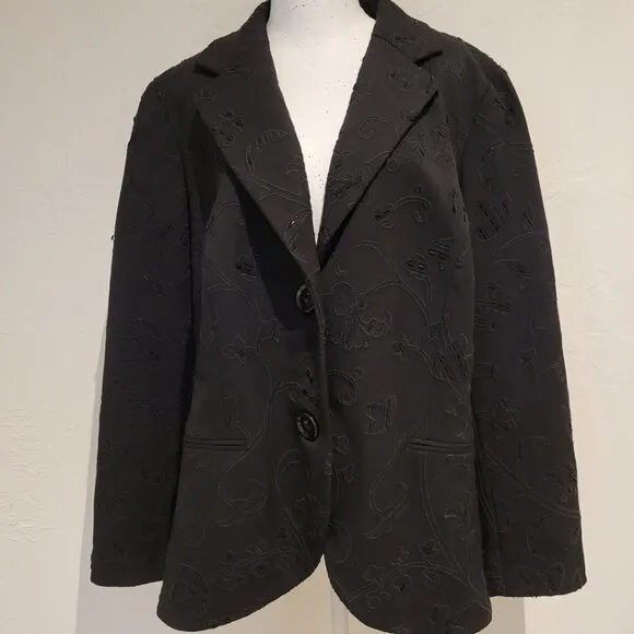 Lafayette 148 Black Wool Blazer Jacket with Beaded Embroidery Embellishments
