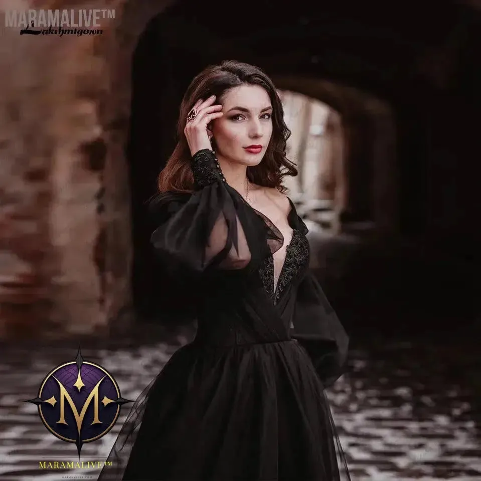 Lakshmigown Black Dress Women Puffy Long Sleeve Wedding Gowns 2022 Vestido Longo Festa Sweetheart Beaded Gothic Bridal Dresses