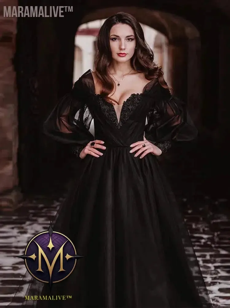 Lakshmigown Black Dress Women Puffy Long Sleeve Wedding Gowns 2022 Vestido Longo Festa Sweetheart Beaded Gothic Bridal Dresses