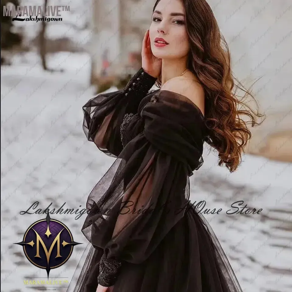 Lakshmigown Black Dress Women Puffy Long Sleeve Wedding Gowns 2022 Vestido Longo Festa Sweetheart Beaded Gothic Bridal Dresses