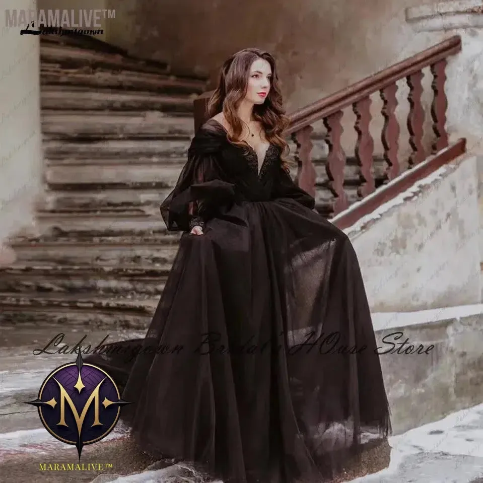 Lakshmigown Black Dress Women Puffy Long Sleeve Wedding Gowns 2022 Vestido Longo Festa Sweetheart Beaded Gothic Bridal Dresses