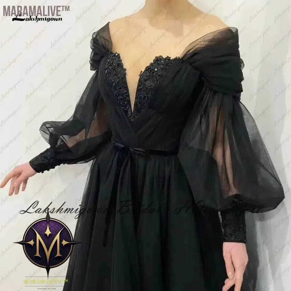 Lakshmigown Black Dress Women Puffy Long Sleeve Wedding Gowns 2022 Vestido Longo Festa Sweetheart Beaded Gothic Bridal Dresses