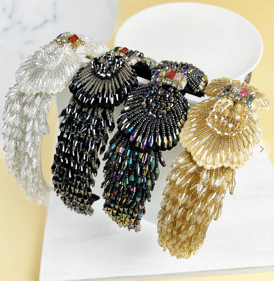 Large Ornate Crsytal Headband with Bead Strings 10251