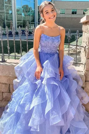 Lavender Puffy Tulle A-line Spaghetti Straps Prom Dresses, Evening Gown, MP732
