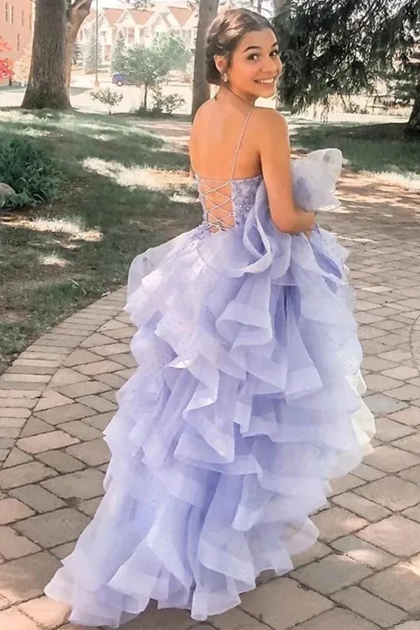 Lavender Puffy Tulle A-line Spaghetti Straps Prom Dresses, Evening Gown, MP732