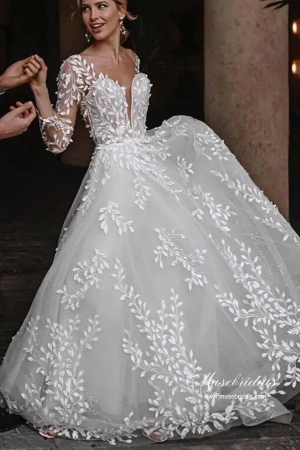 Leaves Lace Tulle Long Sleeves Boho Wedding Dresses, Bridal Gown, MW962